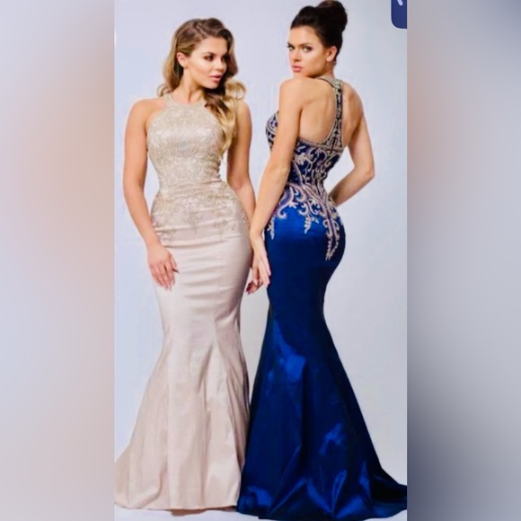 Jovani Blue and Gold Beaded Halter Gown / Dress - Picture 2 of 16